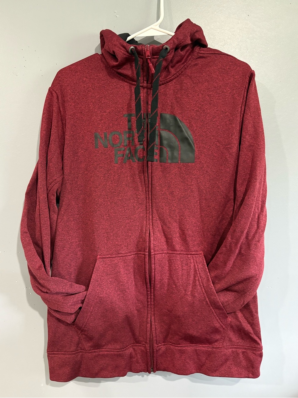 The North Face Mens Large Burgundy Fleece Full Zip Hoodie Logo Thumb Holes